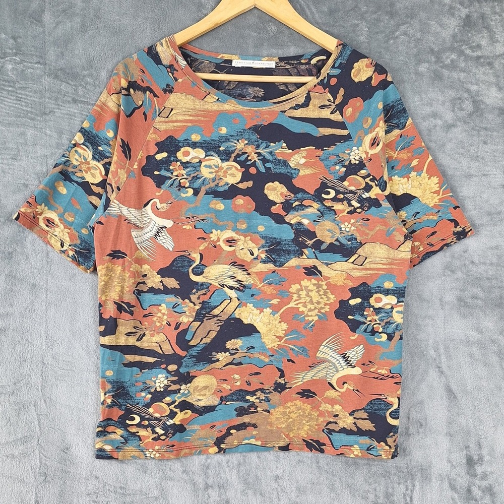 Peruvian Connection Top XS/S Pima Cotton Asian Cranes Floral Artsy Casual Tee